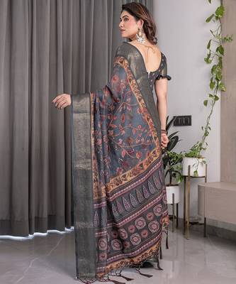 Printed floral handloom linen weaved with golden zari saree with stylish tassel finish     ready to wear 3