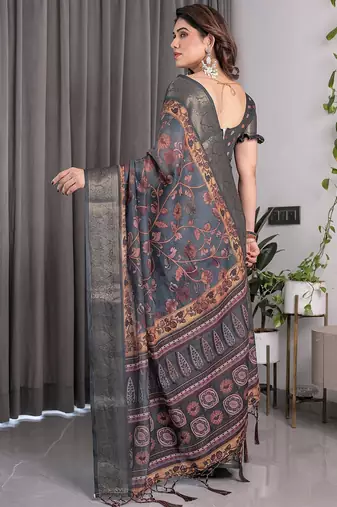 Printed floral handloom linen weaved with golden zari saree with stylish tassel finish     ready to wear