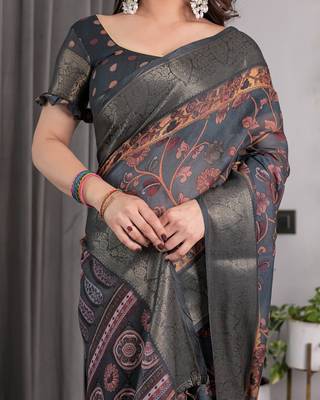 Printed floral handloom linen weaved with golden zari saree with stylish tassel finish     ready to wear 5