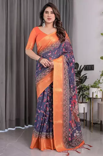 Graceful handloom linen weaved with golden zari saree with artistic floral print & tassels