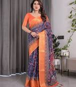 Graceful handloom linen weaved with golden zari saree with artistic floral print & tassels