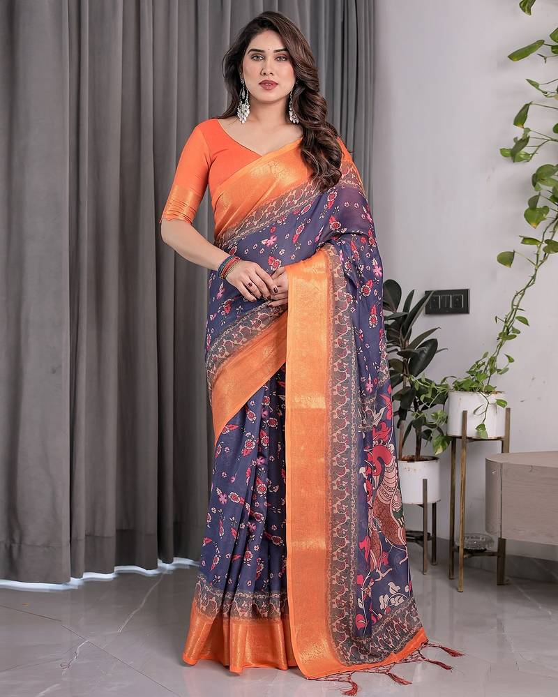 Graceful handloom linen weaved with golden zari saree with artistic floral print & tassels