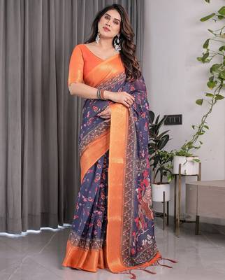 Graceful handloom linen weaved with golden zari saree with artistic floral print & tassels 2