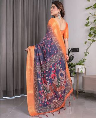 Graceful handloom linen weaved with golden zari saree with artistic floral print & tassels 3
