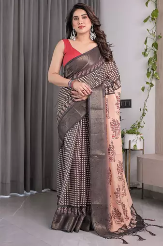 Designer floral print handloom linen weaved with golden zari saree with tassel pallu & blouse