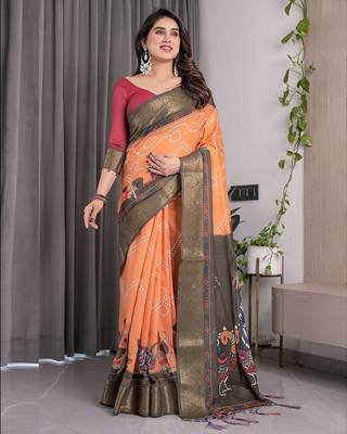 Linen weaved with golden zari handloom saree with digital floral print and tassels     festive wear 1