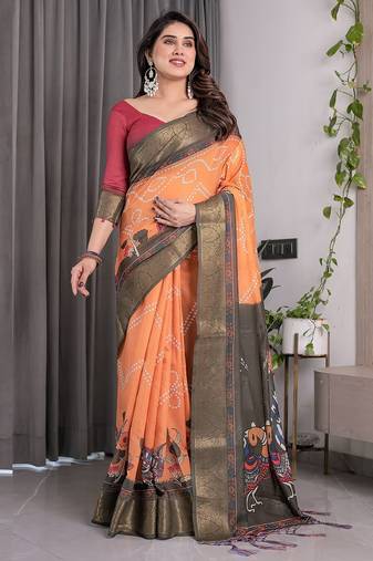 Linen weaved with golden zari handloom saree with digital floral print and tassels     festive wear