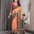 Linen weaved with golden zari handloom saree with digital floral print and tassels     festive wear