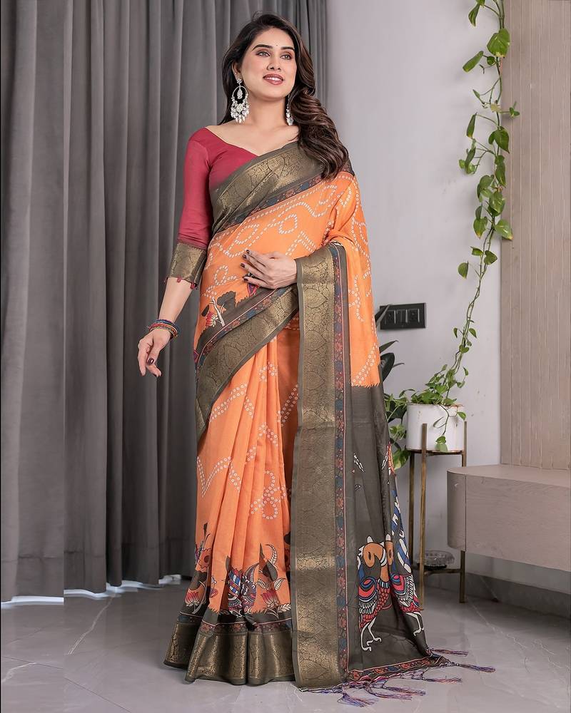 Linen weaved with golden zari handloom saree with digital floral print and tassels     festive wear