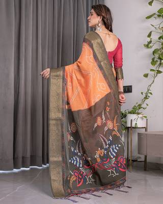 Linen weaved with golden zari handloom saree with digital floral print and tassels     festive wear 3