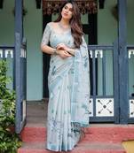 Soft handloom linen floral saree with tassels     includes 0.8m blouse