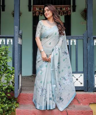 Soft handloom linen floral saree with tassels     includes 0.8m blouse 2