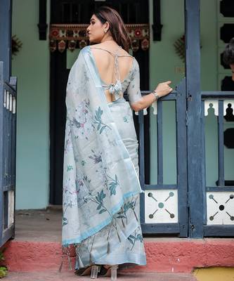 Soft handloom linen floral saree with tassels     includes 0.8m blouse 3