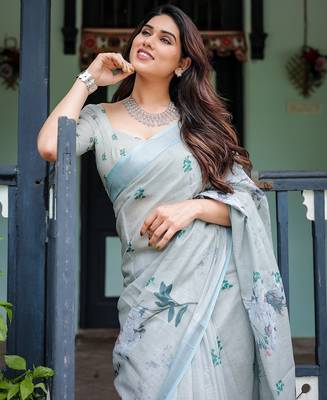 Soft handloom linen floral saree with tassels     includes 0.8m blouse 4