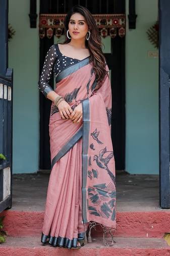 Printed floral handloom linen saree with stylish tassel finish – ready to wear