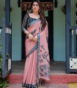 Printed floral handloom linen saree with stylish tassel finish     ready to wear