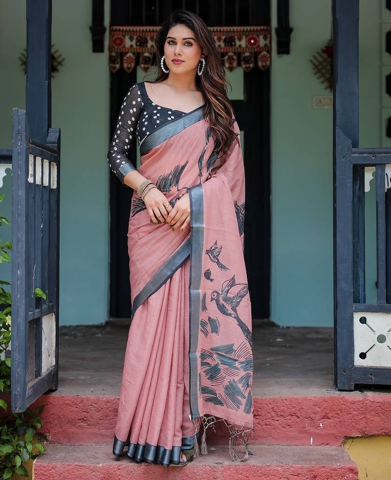 Printed floral handloom linen saree with stylish tassel finish     ready to wear
