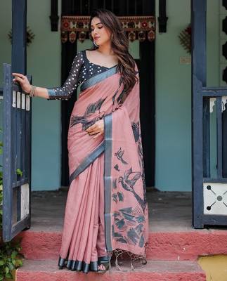 Printed floral handloom linen saree with stylish tassel finish     ready to wear 2