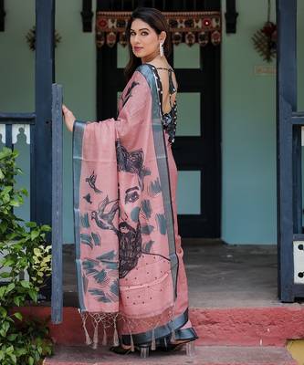 Printed floral handloom linen saree with stylish tassel finish     ready to wear 3
