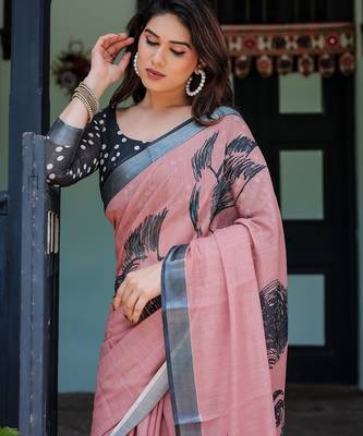 Printed floral handloom linen saree with stylish tassel finish     ready to wear 4