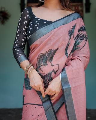 Printed floral handloom linen saree with stylish tassel finish     ready to wear 5