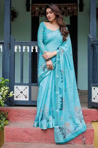 Graceful handloom linen saree with artistic floral print & tassels