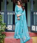 Graceful handloom linen saree with artistic floral print & tassels
