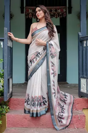 Designer floral print handloom linen saree with tassel pallu & blouse