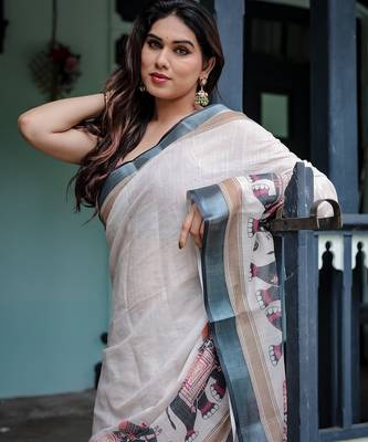 Designer floral print handloom linen saree with tassel pallu & blouse 2