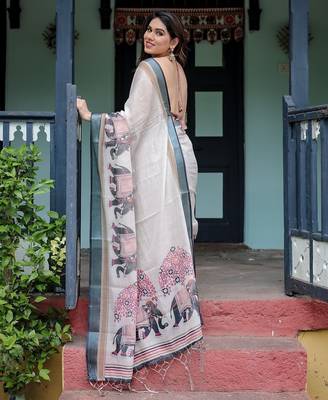 Designer floral print handloom linen saree with tassel pallu & blouse 3