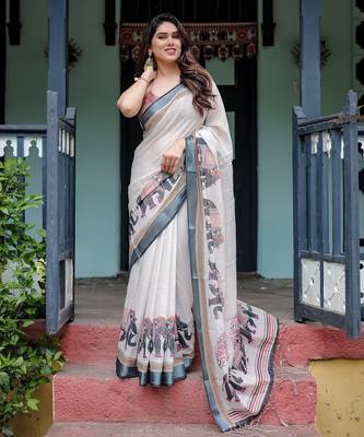 Designer floral print handloom linen saree with tassel pallu & blouse 4