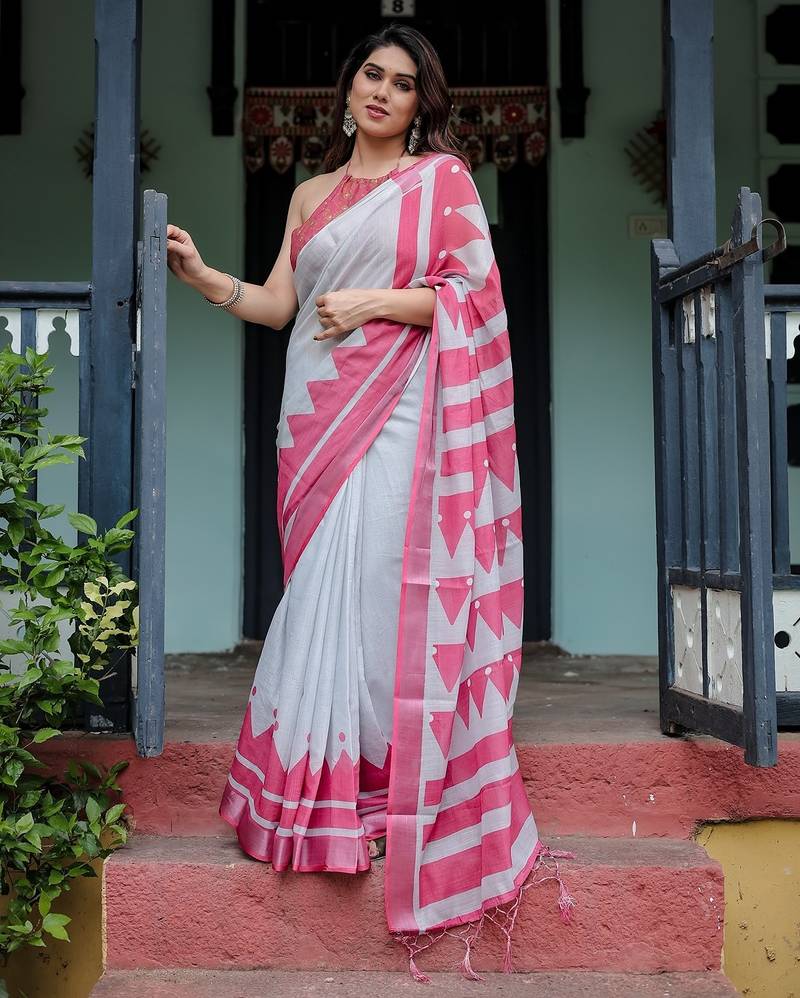 Linen handloom saree with digital floral print and tassels     festive wear
