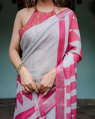 Linen handloom saree with digital floral print and tassels     festive wear 2