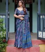 Soft handloom linen floral saree with tassels     includes 0.8m blouse