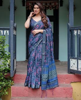Soft handloom linen floral saree with tassels     includes 0.8m blouse 2