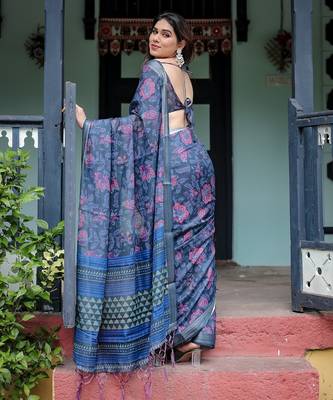 Soft handloom linen floral saree with tassels     includes 0.8m blouse 4