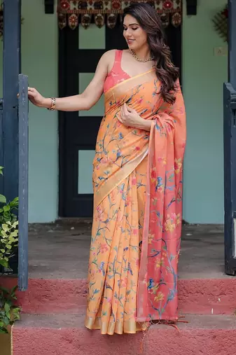 Printed floral handloom linen saree with stylish tassel finish – ready to wear