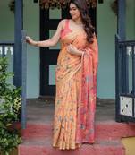 Printed floral handloom linen saree with stylish tassel finish     ready to wear