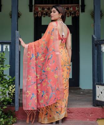 Printed floral handloom linen saree with stylish tassel finish     ready to wear 2