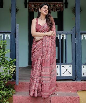 Graceful handloom linen saree with artistic floral print & tassels 1