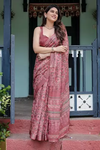 Graceful handloom linen saree with artistic floral print & tassels