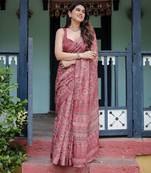 Graceful handloom linen saree with artistic floral print & tassels