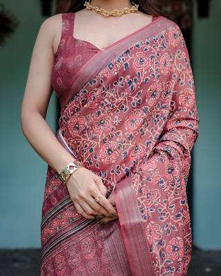 Graceful handloom linen saree with artistic floral print & tassels 2