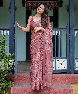 Graceful handloom linen saree with artistic floral print & tassels 4