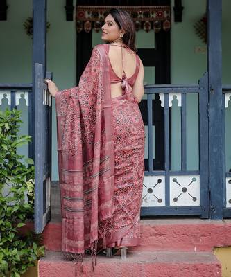 Graceful handloom linen saree with artistic floral print & tassels 5