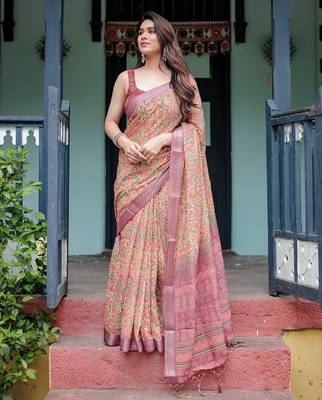 Designer floral print handloom linen saree with tassel pallu & blouse 1