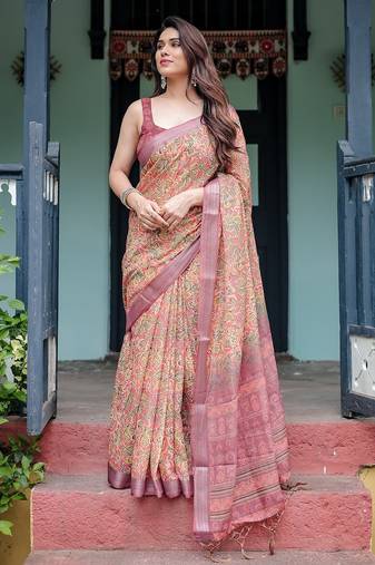 Designer floral print handloom linen saree with tassel pallu & blouse