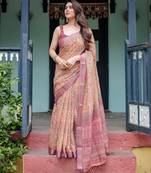 Designer floral print handloom linen saree with tassel pallu & blouse
