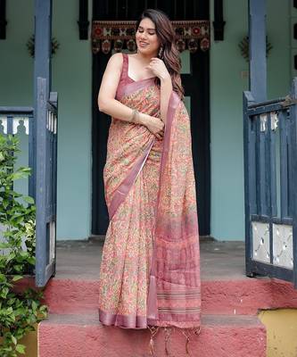 Designer floral print handloom linen saree with tassel pallu & blouse 2