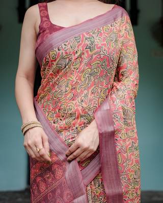 Designer floral print handloom linen saree with tassel pallu & blouse 3